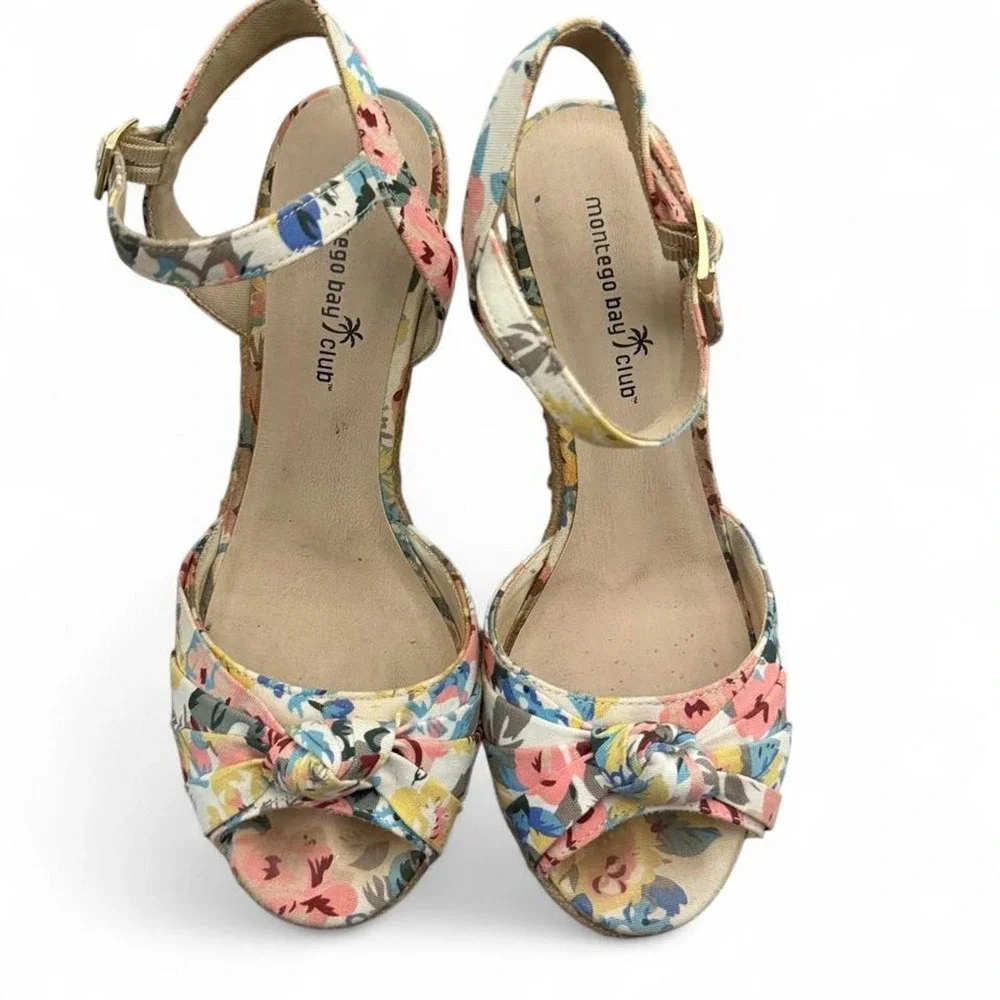 Montego Bay Club Floral Canvas Espadrille Wedge Sandals Multicolor Knotted Toe 8